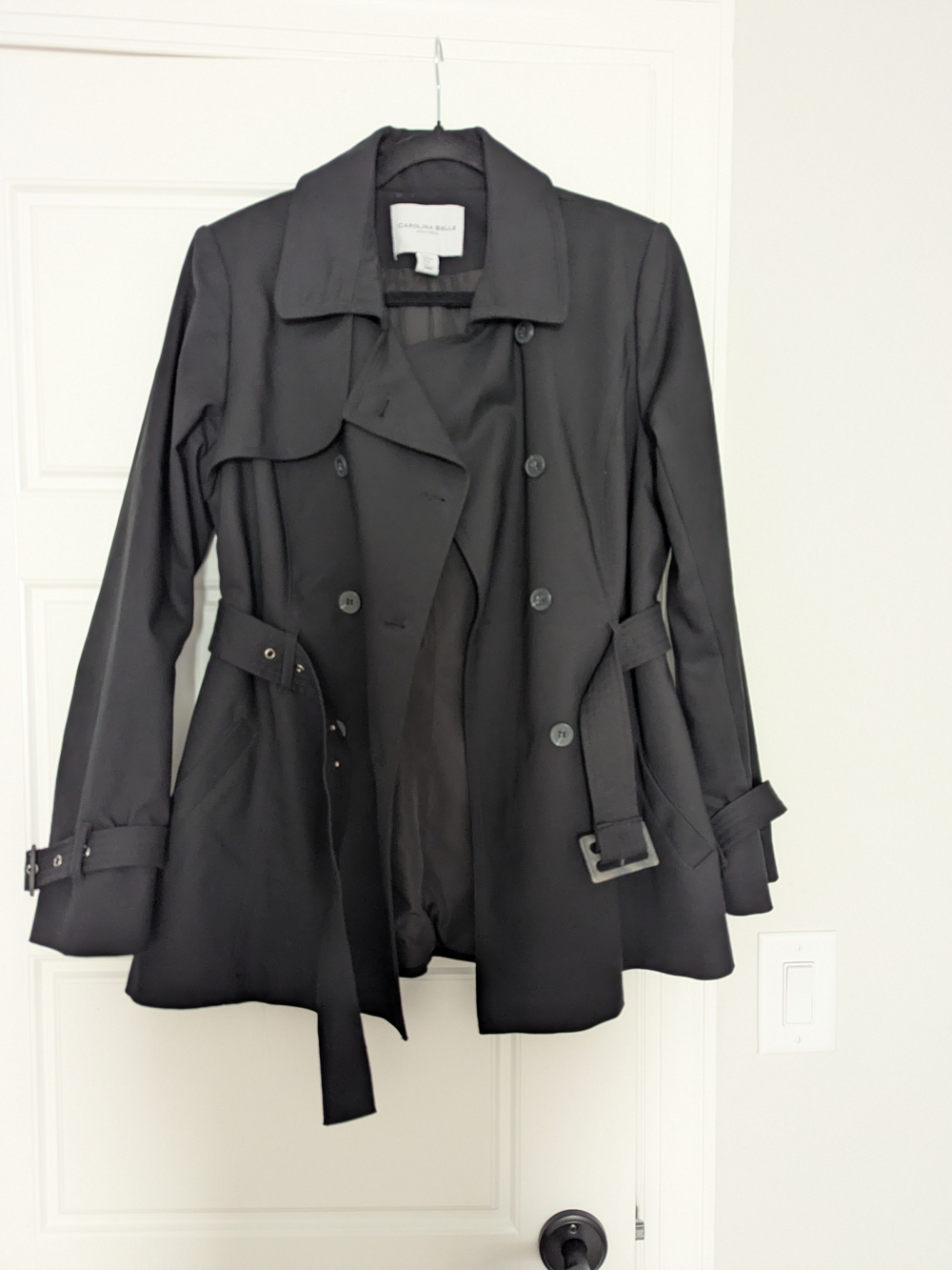 Carolina Belle Medium-length Black Double-Breasted Trench Coat with Belt
